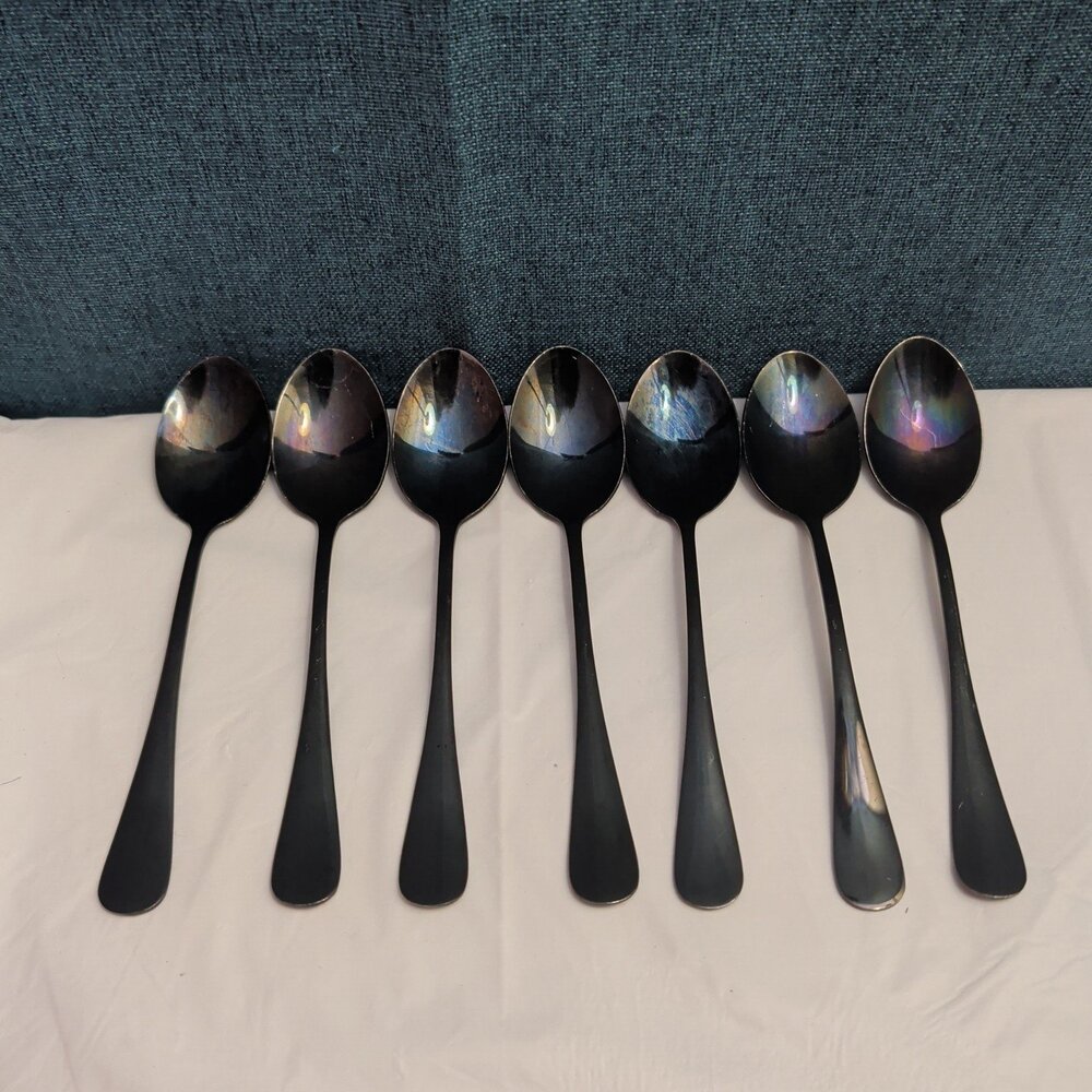 Set of 7 Black Stainless Steel Spoons 18/0 Modern Flatware Teaspoons Clean